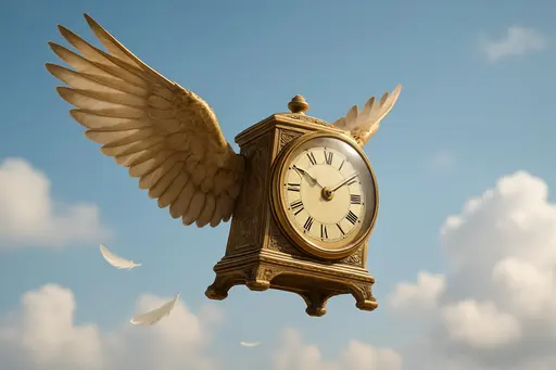 A majestic antique clock with outstretched feathered wings soars through a bright sky of cotton clouds, suggesting the fleeting nature of moments. Soft daylight filters through the atmosphere while delicate details of metal and plumage catch the light, evoking wistful wonder.