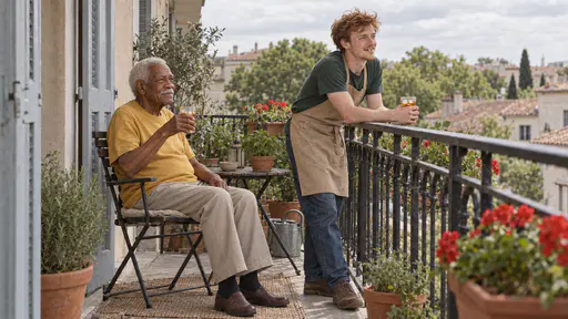 A tall elderly man in a mustard shirt sits in a small folding chair with a glass of iced tea while a slim man with tousled copper-red hair in a green t-shirt leans on the railing beside him holding another glass on a narrow balcony lined with herb pots.