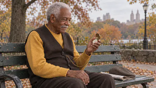 A tall elderly man with white hair and a white moustache in a mustard sweater and waistcoat sits on a park bench holding an old open brass pocket watch in the palm of one hand with a gentle thoughtful smile in soft side light with autumn trees behind.