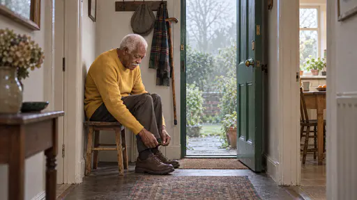 A tall elderly man with white hair and a white moustache in a mustard sweater sits on a stool by an open green front door lacing sturdy walking shoes with a flat cap, a scarf and a walking stick on the hook above him.