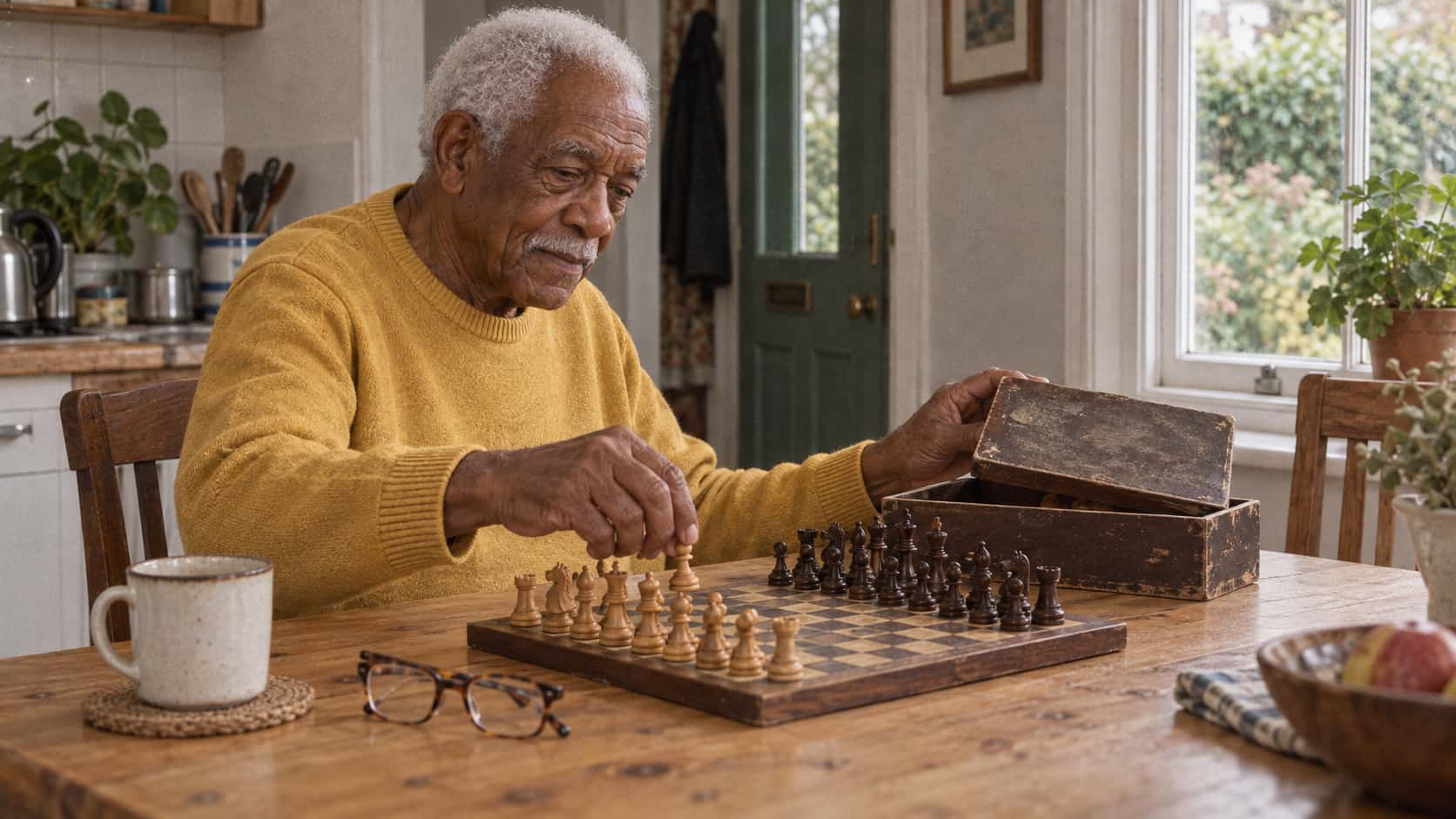 A tall elderly man in a mustard sweater sets carved wooden chess pieces in rows on an old chessboard on a pine kitchen table in warm window light with a worn wooden box and reading glasses beside him.