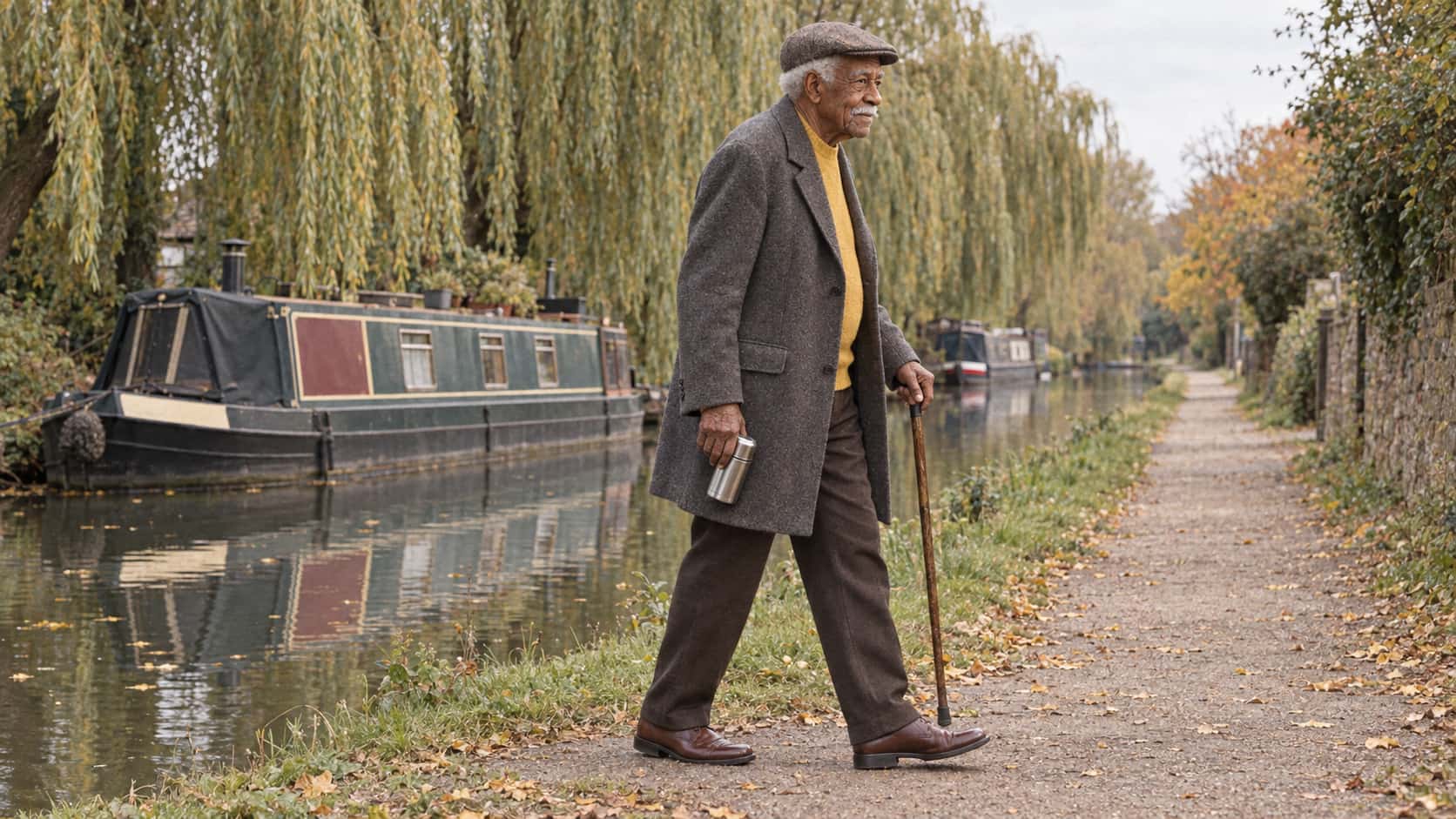 A tall elderly man in a flat cap and grey coat walks along a canal towpath carrying a steel flask and a walking stick beside still water, a moored narrowboat and willows in soft golden light.
