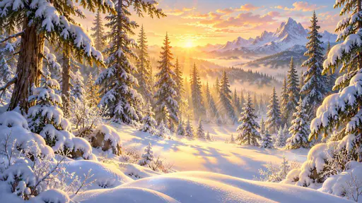 A winter sunrise in a snowy forest has snow covered pine trees with golden light streaming through the trunks, long blue shadows on untouched snow and a soft mist.