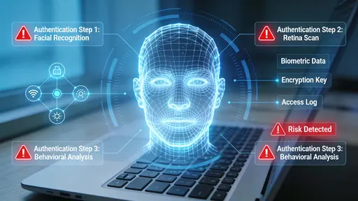 A glowing wireframe head at center is rendered as a biometric scan surrounded by translucent UI elements, data nodes, and red alert symbols above a partially visible laptop keyboard, presented in a clean 16:9 tech workspace composition.