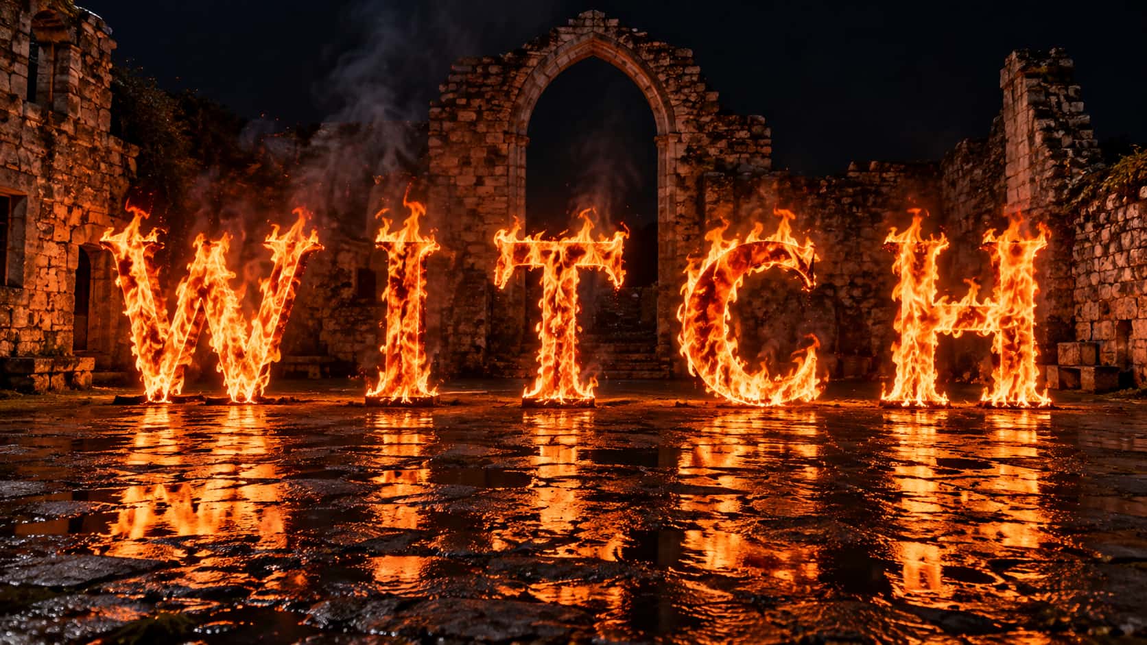 The word WITCH spelled in five tall letters of burning orange fire on a wet stone courtyard at night, their glow reflecting in amber streaks on the stones, ruined stone walls with a tall pointed arch behind them and smoke rising into a black sky.