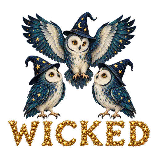 Three blue and ivory owls in gold-starred indigo witch hats form a triangle above gold star letters spelling WICKED on a transparent background.