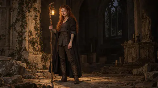 A copper red haired witch in a hooded cloak stands in a dim chapel ruin holding a lantern staff, her face lit only by the candle in a classical Rembrandt portrait style.