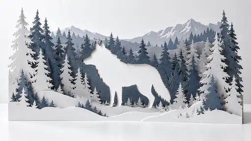 A layered paper winter forest of cut white, grey and slate blue sheets in four planes has a large wolf shaped opening cut cleanly through the middle plane showing the white surface behind.