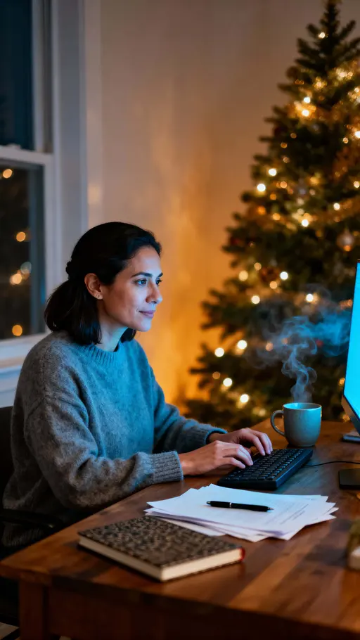 Photorealistic vertical scene of an adult woman working at her computer late evening, cool monitor light on her face contrasted with a warm, glowing Christmas tree nearby.