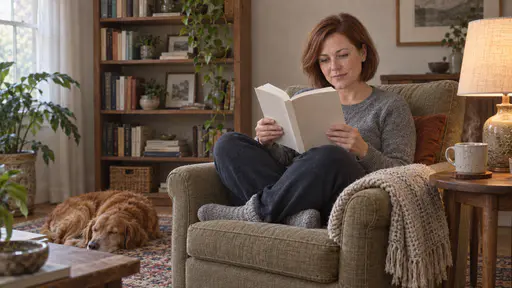 A white woman with a chin-length auburn bob in a heather-grey sweater sits curled in an armchair with her feet tucked up reading a plain-covered paperback beside a steaming mug of tea on a side table with a lamp in warm lamp light.