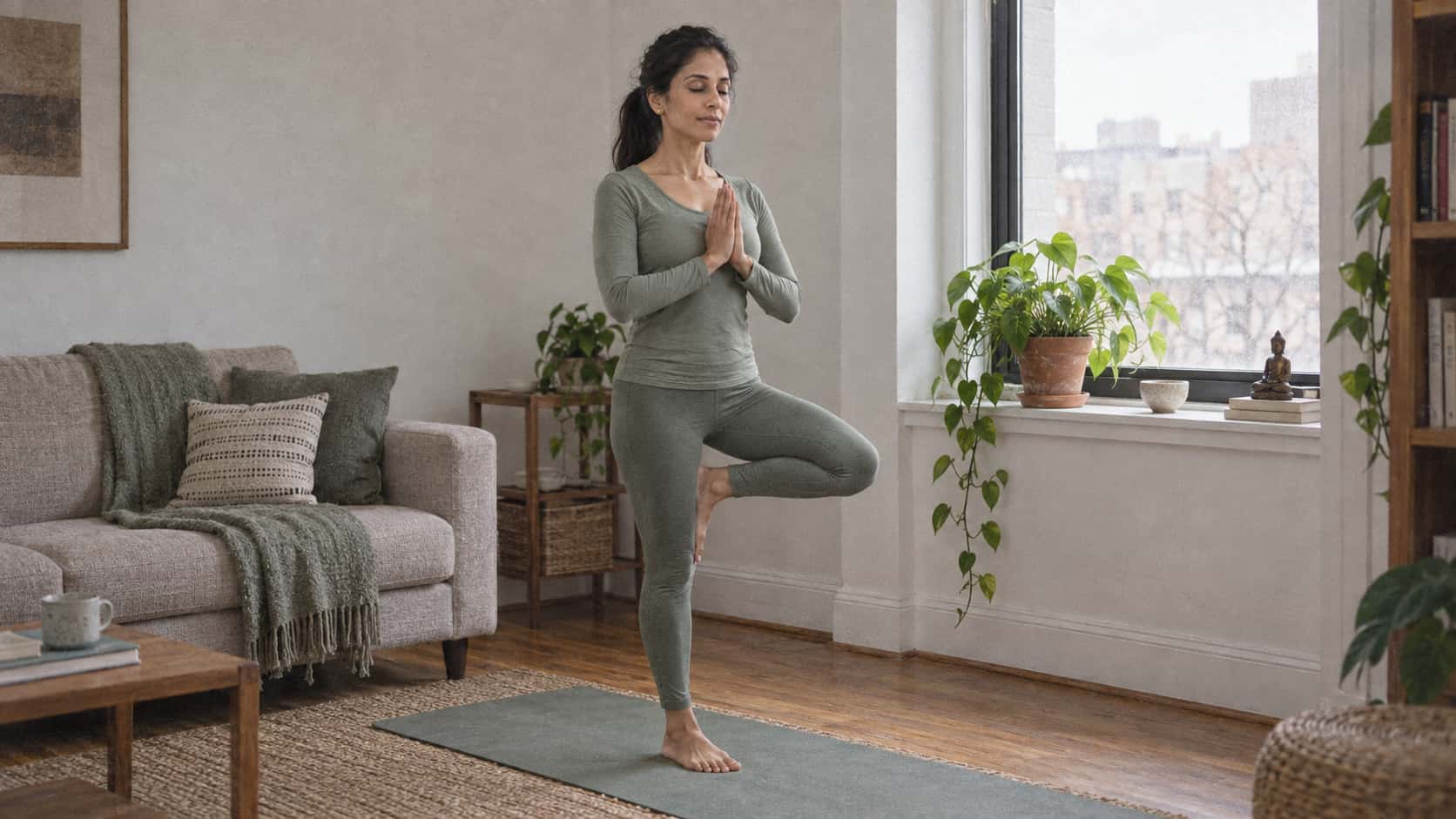 A lean woman with a long dark ponytail and small gold studs in a sage long-sleeve top holds a calm standing balance with one foot raised and her hands pressed together at her chest on a yoga mat between a sofa and a window in morning light with a plant on the sill.
