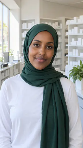 A woman in her late twenties with deep brown skin in a neatly wrapped emerald-green hijab and a plain white top, in a bright pharmacy with tall white shelves of plain boxes and a green plant on the counter.
