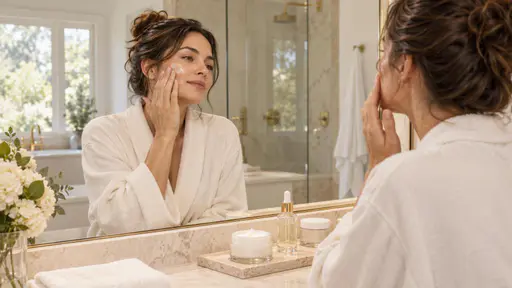 An adult woman applies a morning skincare routine in a bright bathroom mirror with fresh natural makeup, a soft robe, jars and a glass dropper on the shelf in warm daylight.