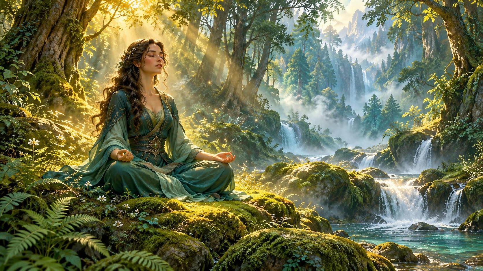 A woman sits meditating on rocks in a forest with sunbeams streaming through the trees.
