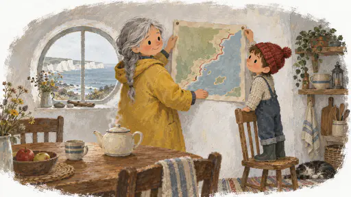 An older woman with a grey plait in a yellow oilskin pins a hand-drawn blank map with a red crayon coastline to a whitewashed cottage wall while a small boy in a red hat holds the pin from a chair, a steaming teapot on the table and a round window onto the sea.