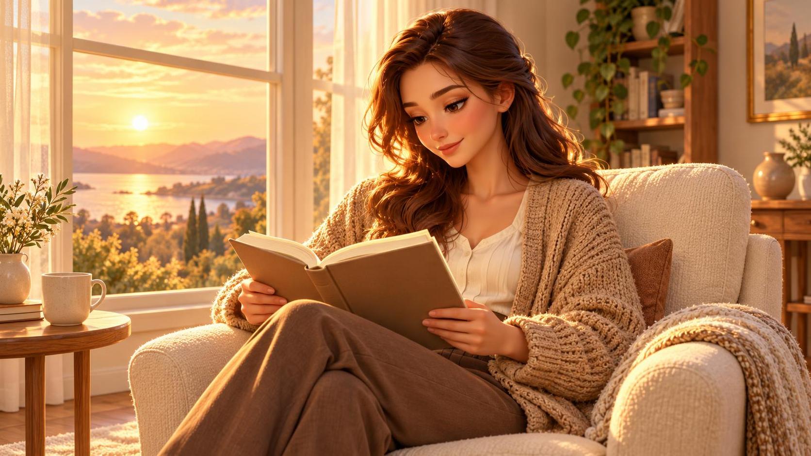 A woman reading a book in warm window light.