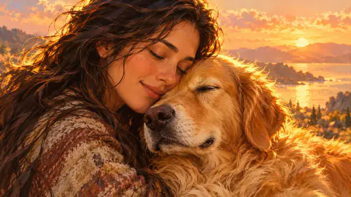 An adult woman with long dark hair rests her cheek against her golden retriever with her eyes closed in warm amber evening light, a quiet affectionate moment.