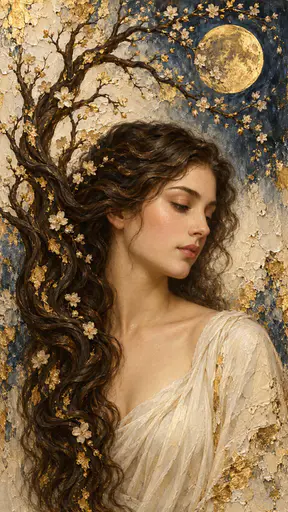 A serene woman’s dark hair unfurls into flowering branches around a gold-leaf moon, with delicate skin glazes and thick ivory-and-charcoal paint.