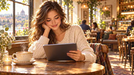 A young adult woman with a warm smile looks at a tablet at a small wooden table in a cozy cafe with a steaming cup beside her in soft window light.