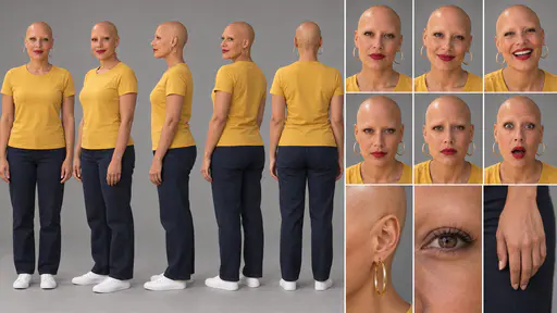 A 16:9 studio character sheet of a woman with alopecia and gold hoop earrings in a mustard-yellow top, dark jeans and white sneakers, shown in five full-body views, six expressions and three close details.