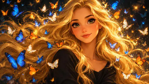A woman with long flowing blonde hair and a calm direct gaze in a plain dark top has dozens of blue, orange and white butterflies fluttering around her hair.