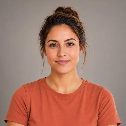 A head-and-shoulders portrait of an adult woman with dark brown hair gathered in a loose top bun, olive skin and warm brown eyes, facing the camera with a neutral expression against a plain warm-grey backdrop.