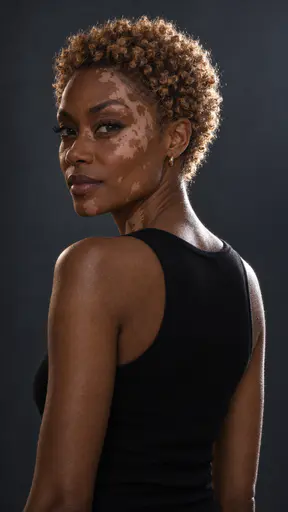 A tall woman with short honey-blonde natural curls and irregular pale patches on her deep brown skin, in a black sleeveless top, turned away and glancing back over her shoulder, a bright rim edge on her curls and shoulder with soft light on her face against a dark graphite backdrop.