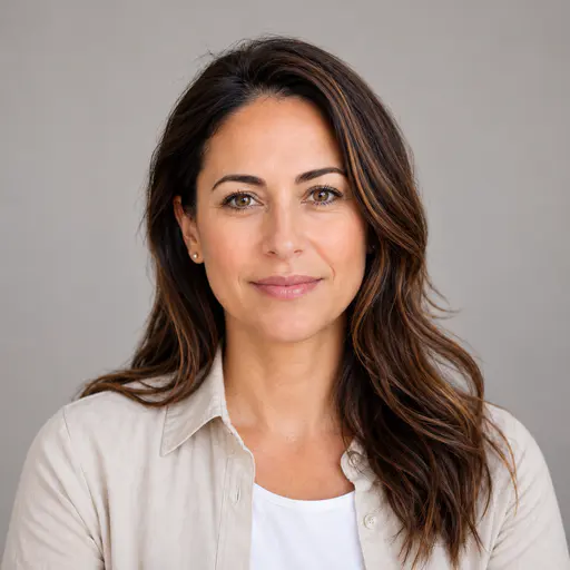 A head-and-shoulders portrait of an adult woman with long wavy dark brown hair with warm highlights, warm light skin, hazel-brown eyes and small stud earrings, facing the camera with a neutral expression against a plain warm-grey backdrop.