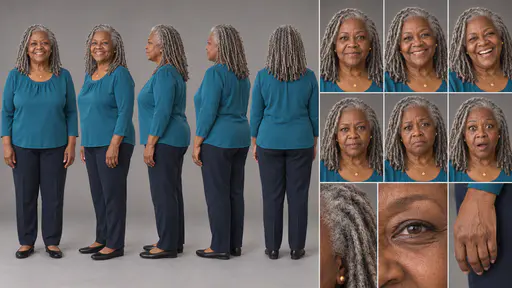 A 16:9 studio character sheet of a woman with silver locs in a teal blouse, navy trousers and black flat shoes, shown in five full-body views, six expressions and three close details.