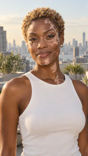 A tall slender Black woman in her early thirties with pale pigment-free patches across her cheeks, forehead and neck, short honey-blonde natural curls and small gold hoops, in a white sleeveless top on a sunlit rooftop terrace with planters and a hazy skyline.