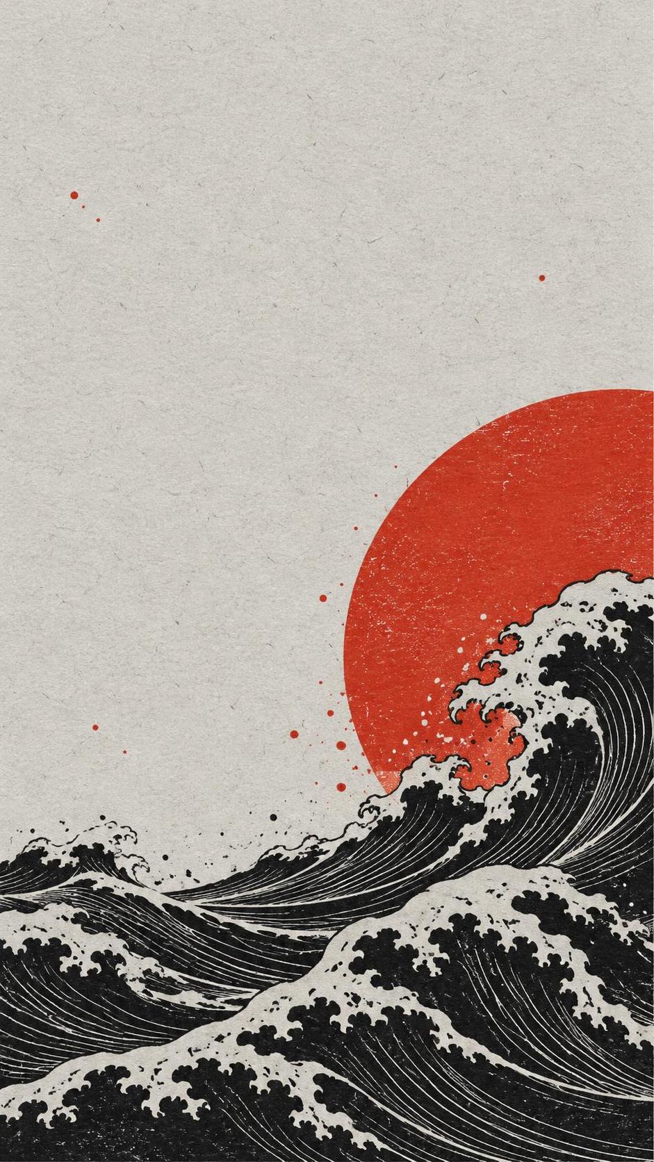 A flat red circle cut off at the right edge above layered black carved wave bands rising in a diagonal with tiny red dots on empty pale grey paper.