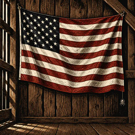 Woodcut print of a waving flag with thirteen carved stripes hanging on a barn wall. Thirteen stripes and a starry canton print neat.