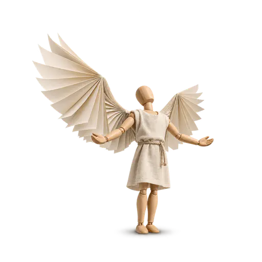 Spreading your wings: a small clothed wooden figure stands with two broad paper wings unfolding from a folded bundle on its back, one fully extended and one half-open, isolated on transparency.