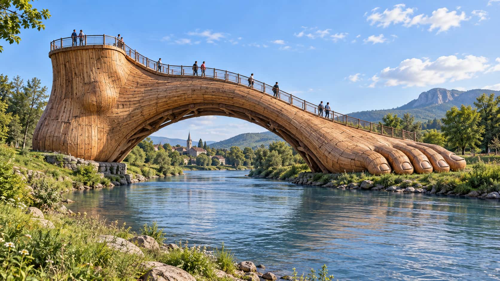 Footbridge: architectural-fantasy photograph of a giant wooden foot bridging a quiet river, heel on the near bank and five toes on the far bank, a railed walkway curving along its arch with small figures crossing, seen from a side three-quarter view in soft daylight.