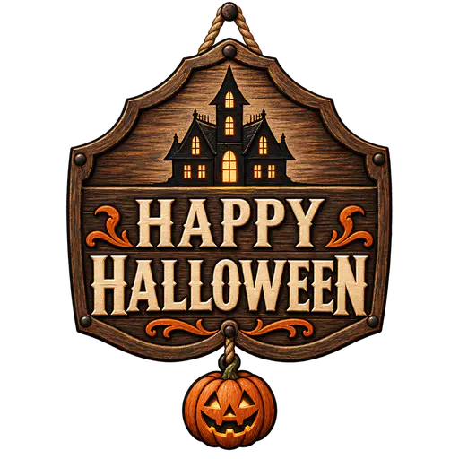 A shield-shaped rustic wood sign with rope loop, pale carved HAPPY HALLOWEEN text, a dark haunted house silhouette in the upper panel and a small orange pumpkin ornament below, isolated on transparency.