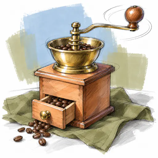 A small wooden hand crank coffee grinder with a brass top, a little drawer and a round knob crank spills beans onto an olive cloth in loose pencil and colour blocks.