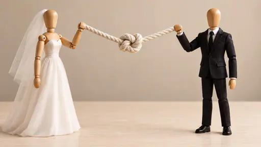 Tying the knot: a frontal sculptural wedding-scene photograph in warm soft light, where two wooden artist's mannequins dressed as a bride and a groom stand face to face and each grip one end of a single thick white rope drawn tight through one large central knot between them.