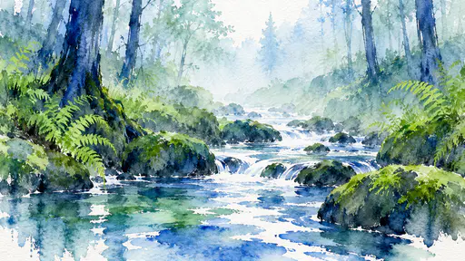 A narrow woodland stream winds past mossy boulders and ferns into misty woods where tall trunks fade into pale blue green fog in watercolor.