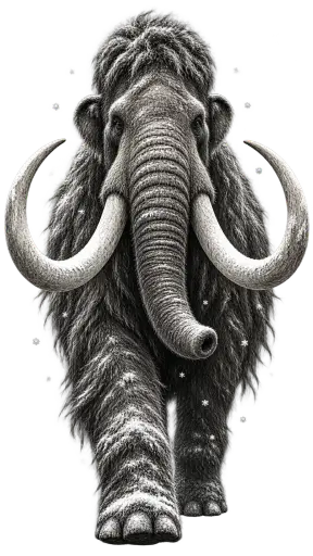A woolly mammoth with great curved tusks and a shaggy matted coat drawn in fine black and grey ink strides toward the viewer in a tall frame, isolated on a transparent background.