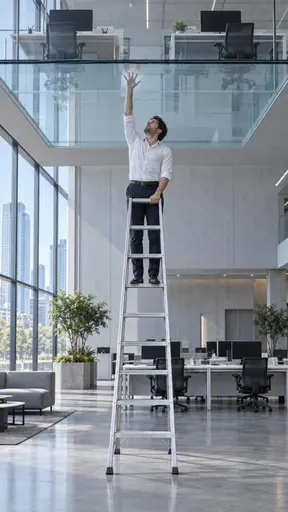 Side cutaway view of a tall open office: a worker in shirt sleeves stands on an aluminium ladder and presses one palm flat against a clear glass ceiling that stops the climb, while a mezzanine of empty desks sits above the glass in the same neutral daylight, close enough to see and out of reach.