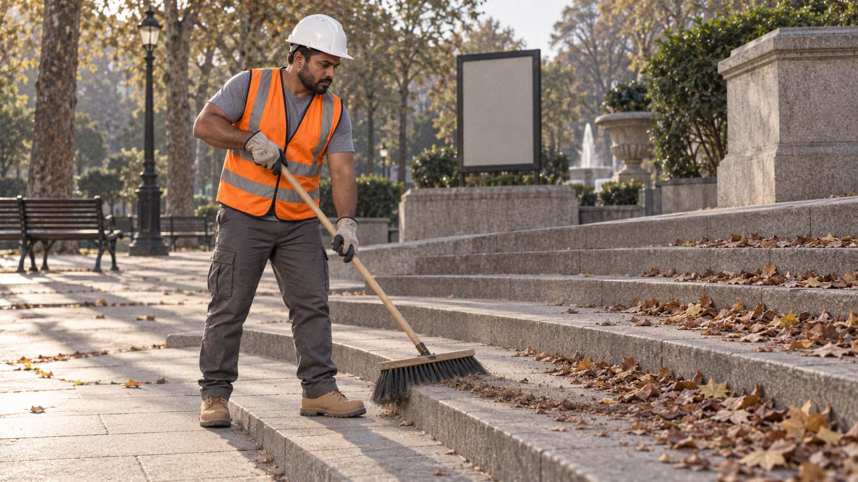A broad strong man with brown skin and a short black beard in a white hard hat and orange high-visibility vest sweeps the wide stone steps of a park plaza with a broad broom, half the steps swept clean and half still covered with leaves in long evening shadows.