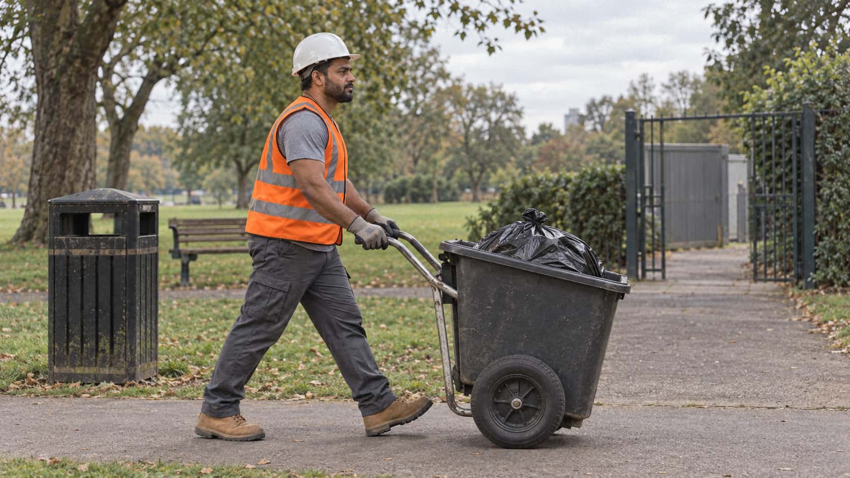 A broad strong man with brown skin and a short black beard in a white hard hat and orange high-visibility vest wheels a wide two-wheeled collection cart holding a full black bin bag away from a litter bin toward a park service gate in bright afternoon light.