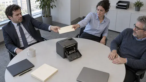 Passing the buck: three office workers around a circular table pass one oversized blank note hand to hand, each leaning away from a broken machine standing at the table center.