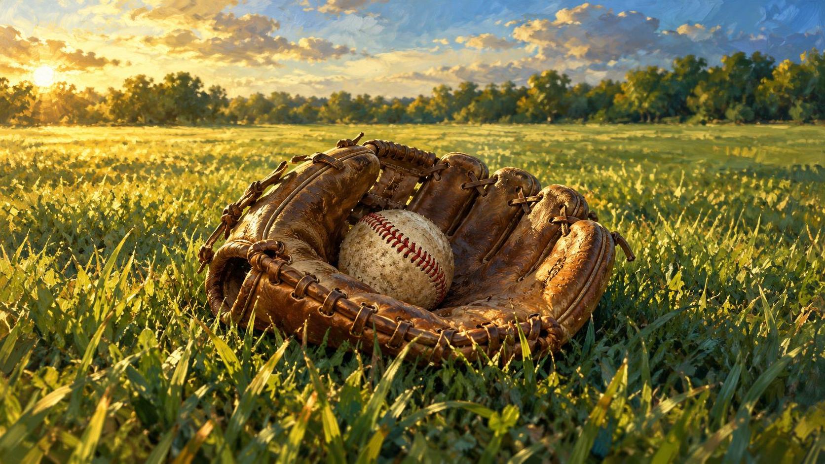A single well worn leather baseball glove with creased brown leather and laces lies in the middle of a sunny green field of grass with a baseball in the pocket.