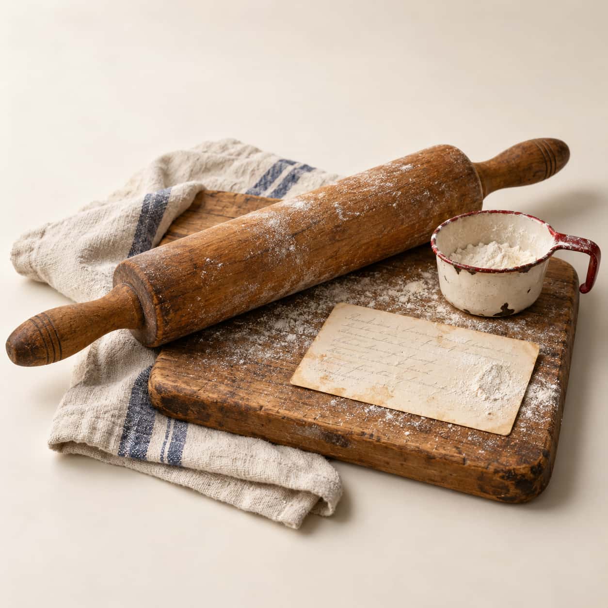 A worn wooden rolling pin, a flour marked recipe card with faint pencil scribbles, a chipped enamel measuring cup and a striped linen towel sit on a cream backdrop.
