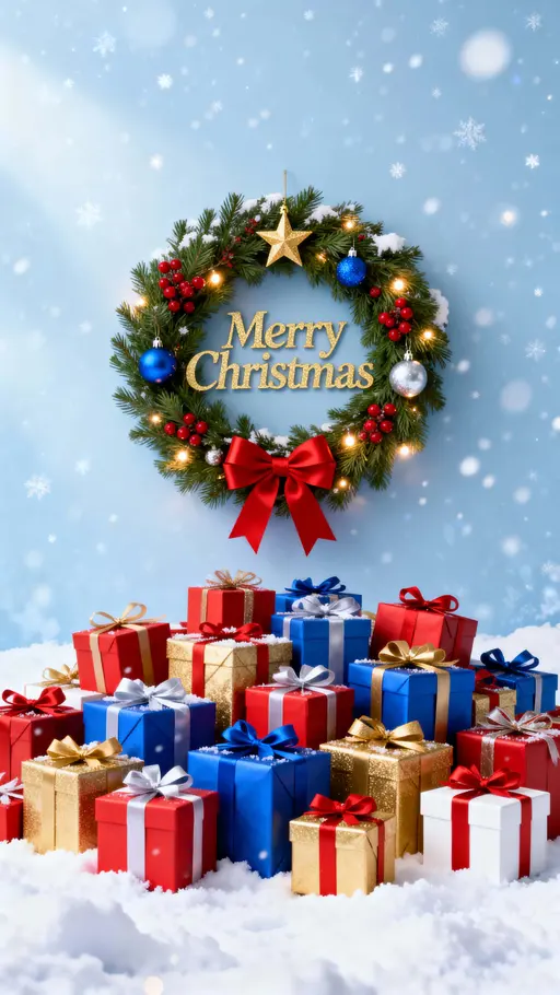 Vertical 9:16 winter scene with a lush circular pine wreath at top center—red berries, ornaments, gold "Merry Christmas" lettering and red ribbon—colorful gift boxes fill the foreground against a pale icy-blue snowy background with warm tw—