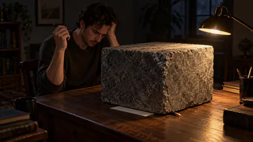 Writer's block: a side three-quarter conceptual editorial photograph under subdued desk light, where a writer sits at a small desk facing a huge rough stone cube that occupies the entire writing surface, a pen trapped flat beneath its edge and a blank sheet barely visible below it.