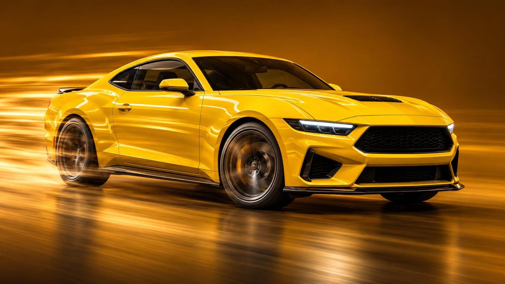 A bright yellow modern muscle car speeds left to right with silky horizontal streaks of light on a seamless matte deep amber infinity cove backdrop.