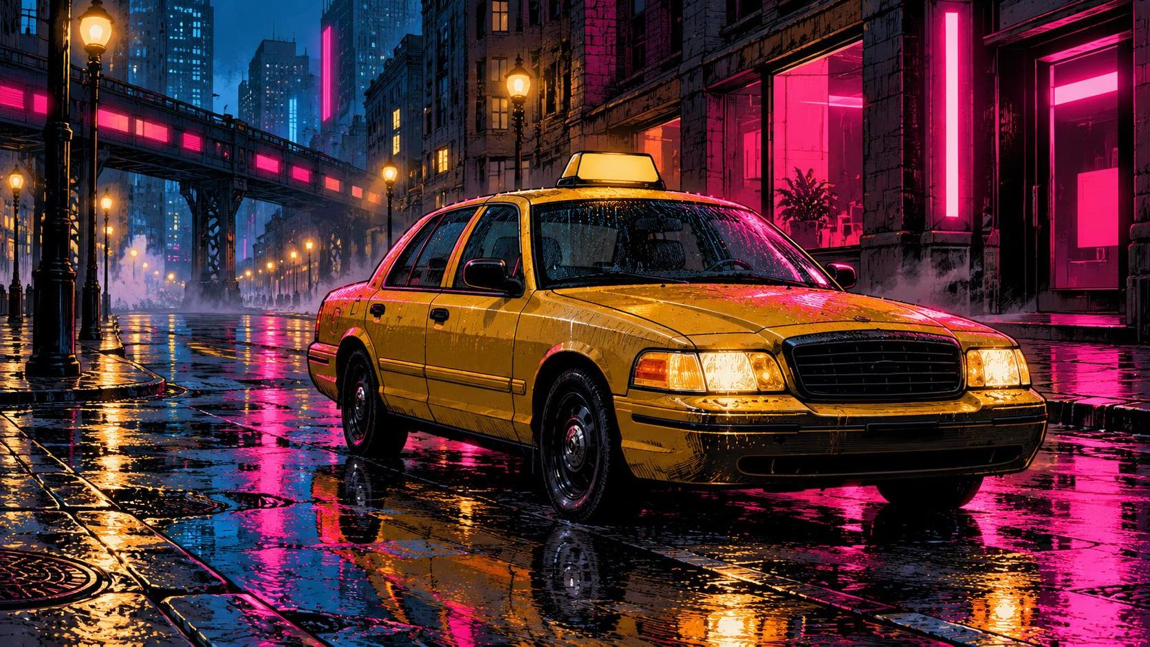 A yellow taxi cab is parked on a wet city street just after rain with neon shop signs and street lamps reflected in the puddles and shining asphalt in light mist.