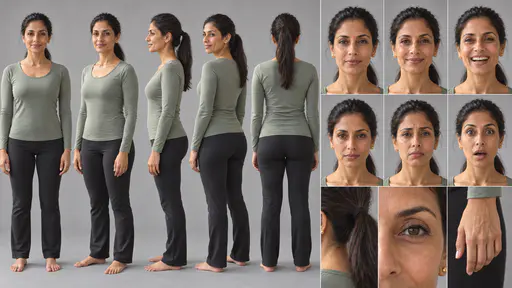 A 16:9 studio character sheet of a yoga instructor with a long dark ponytail in a sage top and black yoga trousers, barefoot, shown in five full-body views, six expressions and three close details.